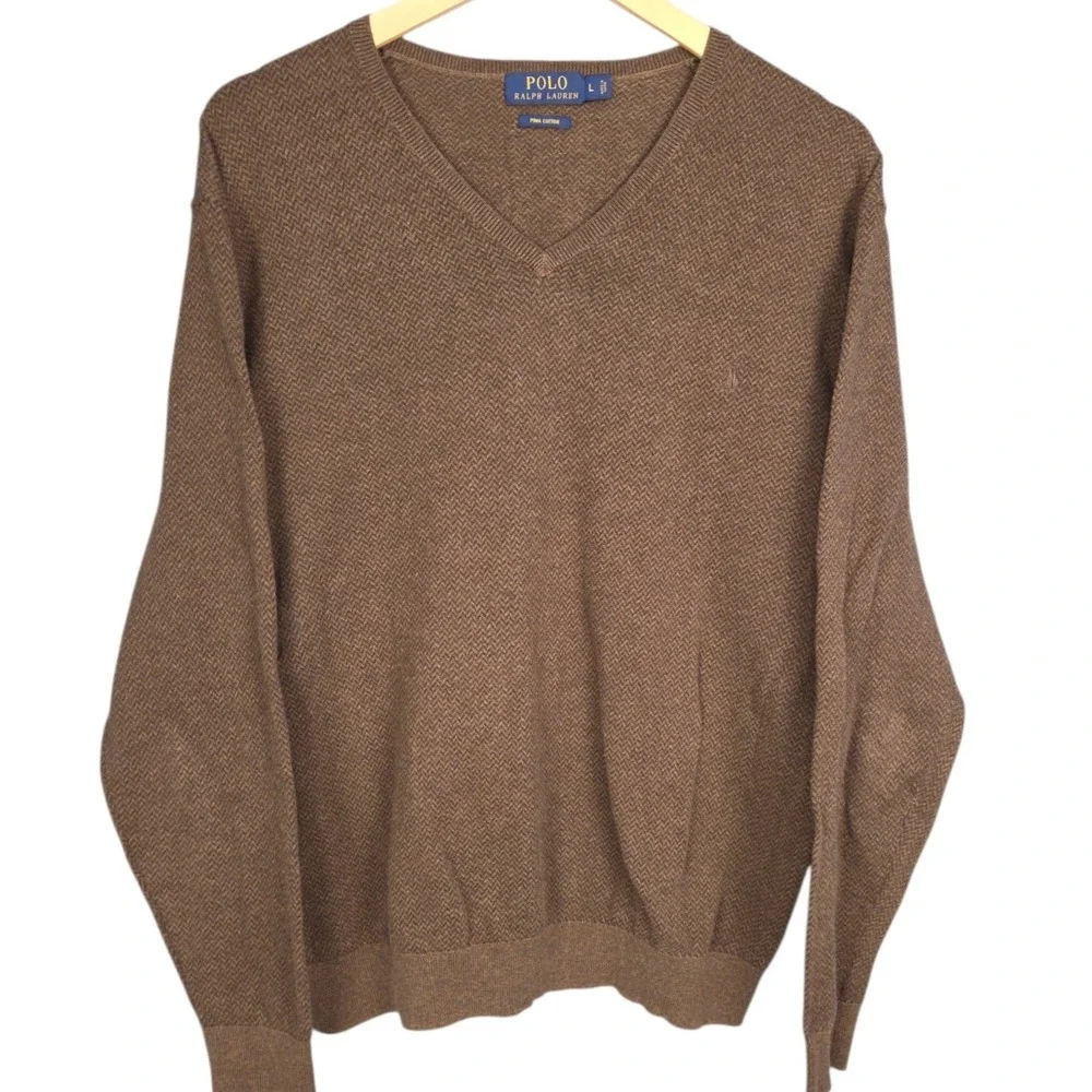 Polo Ralph Lauren Sweater‎ Mens Large Brown V-Neck Pima Cotton Herringbone Knit